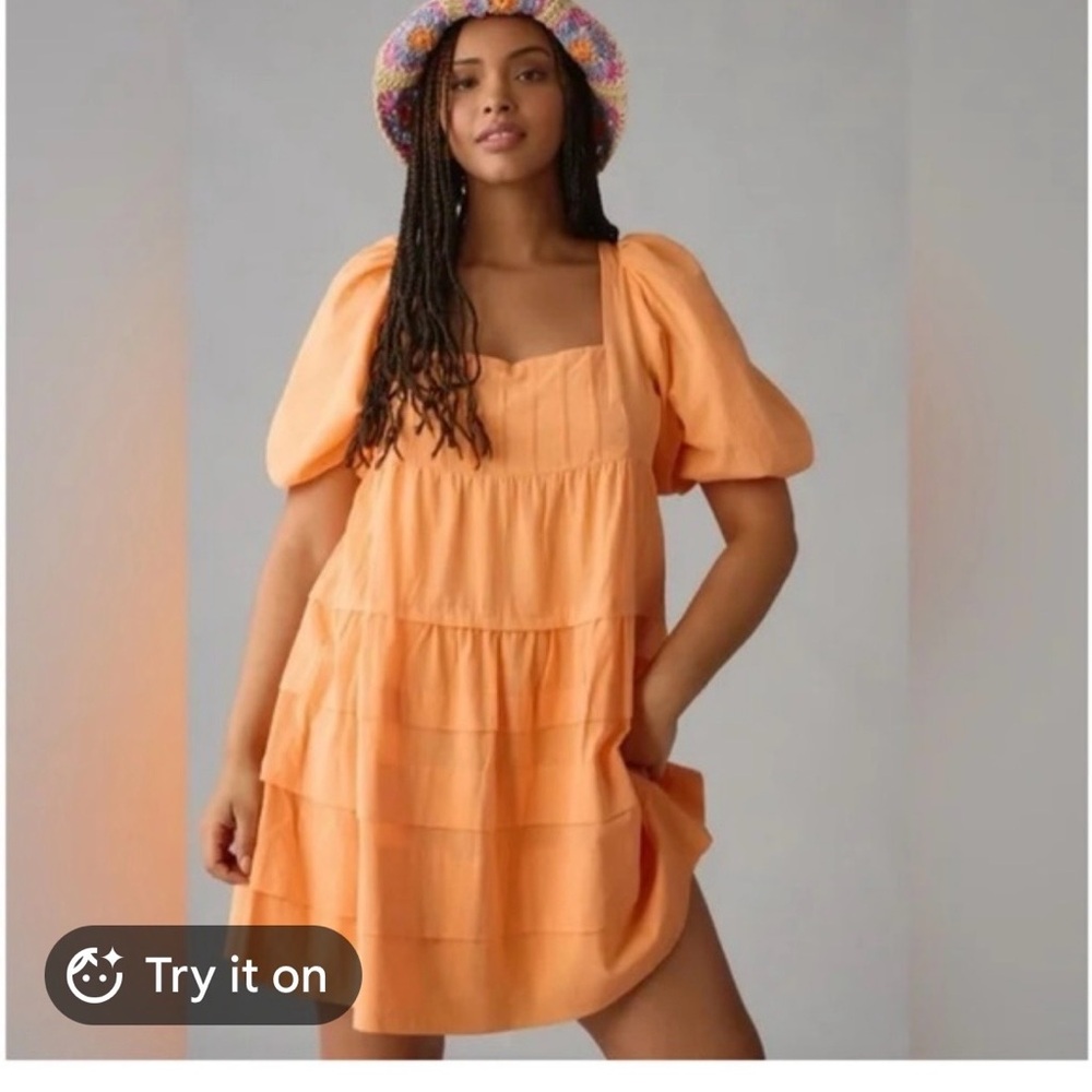 Anthropologie Cotton Square-Neck Puff-Sleeve Tiered Dress Orange Sz P/Lg